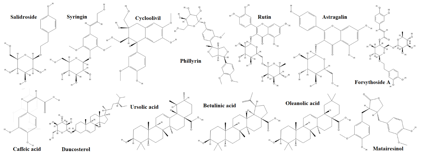 Cấu trúc hóa học một số hoạt chất có trong Liên kiều (Forsythia suspensa (Thunb.) Vahl).